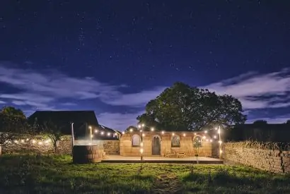The decking outside of the igluhut at Orchard Snug, Somerset